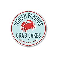 Famous Crab Cakes Sign, World Famous Crab Cakes Come and Get'em, Beach Restaurant Seafood Aluminum Sign - 24-inch Circle