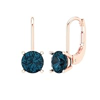 2.0 ct Round Cut Solitaire Natural London Blue Topaz Classic Designer Lever back Drop Dangle Earrings Solid 14k Rose Gold