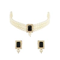 I Jewels 18K Gold Plated Indian Wedding Handcrafted Beaded Emerald Choker with Earrings for Women/Girls