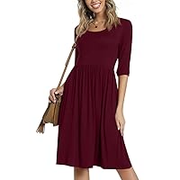 CATHY Women's 3/4 Sleeve 2024 Casual High Waist Round Neck Midi Dress with Pockets