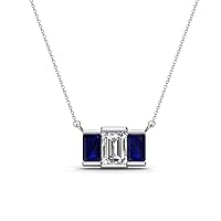 Emerald Cut GIA Certified Natural Diamond & Blue Sapphire 1 1/2 ctw Women 3 Stone Pendant Necklace 14K Gold