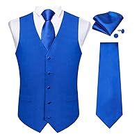Man Satin Blue Vest Wedding Party Business Shirt Solid Waistoat Sleeveless Vest Pocket Square Set