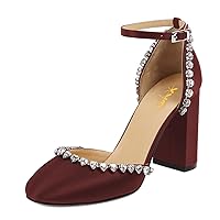 XYD Women's Crystal Satin Pumps Round Closed Toe D'Orsay Ankle Strap Block Heel Elegant Dress Bridal Shoes