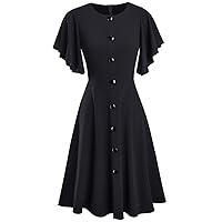 Women's Vintage Ruffle Sleeve Fit and Flare Swing Casual Cocktail Party Dress