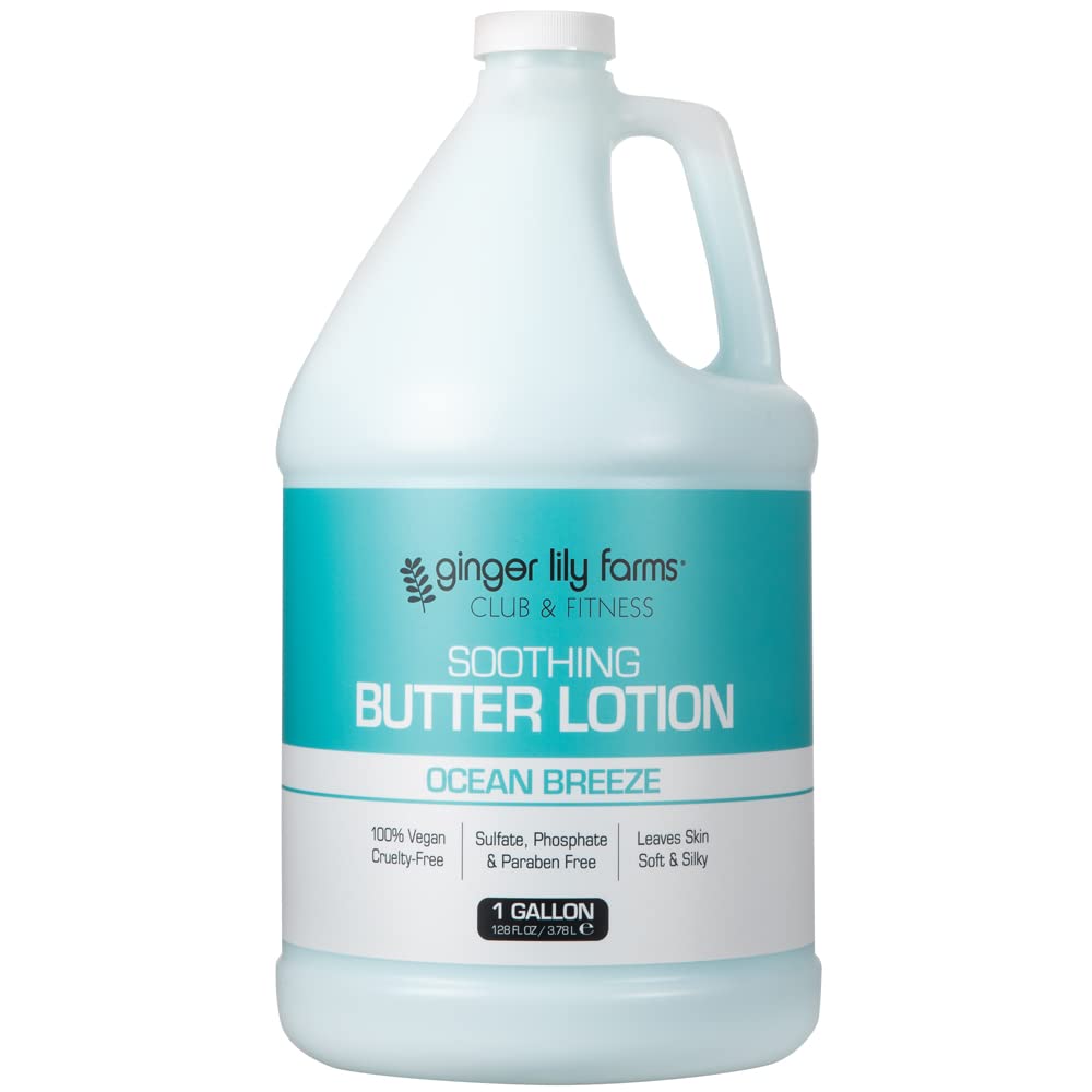 Ginger Lily Farms Club & Fitness Soothing Butter Lotion for Dry Skin, 100% Vegan & Cruelty-Free, Ocean Breeze Scent, 1 Gallon (128 fl oz) Refill