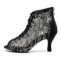 AOQUNFS Women's Peep Toe Lace-up Mesh Tango Salsa Ballroom Latin Dancing Shoes Evening Ankle Boots with Zipper,Model QJW7166