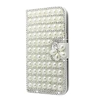 Crystal Wallet Phone Case Compatible with iPhone 13 Pro - Pearl Grid Lattice - White - 3D Handmade Glitter Bling Leather Cover with Screen Protector & Beaded Phone Lanyard