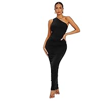 Dress One Shoulder Solid Ruched Bodycon Dress
