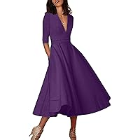 EFOFEI Women's Deep V Neck 3/4 Sleeve Dresses Vintage High Waist Long Swing Dress with Pockets