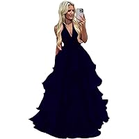 Women's Tiered Tulle Prom Dress Long Ball Gown Ruched V Neck Formal Evening Dresses