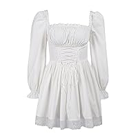 Women 2023 Summer Dress Long Puff Sleeve Square Collar Dress Strap Sexy Lace Empire Waist Dress Cosplay Party