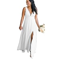 Women's Chiffon V-Neck Wedding Bridesmaid Dresses with Slit Empire Waist Formal Evening Dress with Pockets R013