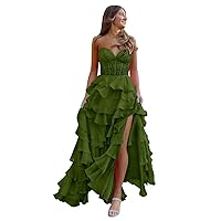 Strapless Corset Prom Dresses for Women Ruffle Chiffon Long Formal Evening Dress with Slit