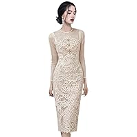 Runway Lace Bodycon Pencil Dress Vintage Women Flower Embroidery Hollow Out Diamonds Button Midi Party
