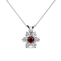 Round Red Garnet & Natural Diamond 7/8 ctw Women Floral Halo Pendant Necklace. Included 18 Inches Chain 14K Gold