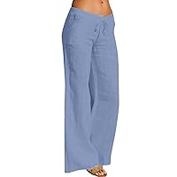 Women Casual Solid Cotton Linen Elastic Waist Drawstring Long Wide Leg Pants Elastic Casual Pants