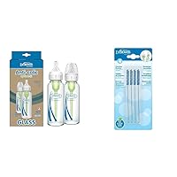 Dr. Brown's Anti-Colic Options+ Narrow Glass Baby Bottle 8 oz/250 mL 2 Pack with Level 1 Slow Flow Nipple 0m+ and Reusable Vent System Cleaning Bristle Brush 4 Pack
