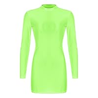 Women's Sexy Oil Glossy Shiny Semi Sheer Micro Mini Dress Bodycon Sexy Tight T-Shirt Pencil Dress Fluorescent_Green A Medium