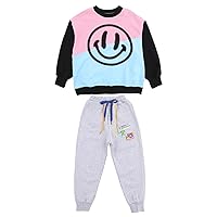 Girls Contrast Color Smile Printed Pullover Activewear Sportsuit Shirt Top + Pants