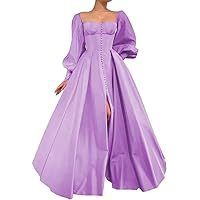 FANGHEIA Womens Long Puffy Sleeve Ball Gowns Satin Prom Dresses with Slit Formal Evening Party Dresses for Wedding