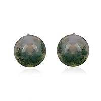 Vintage Moss Agate Stud Earrings, Round Green Agate Bridal Wedding Earrings, Bridal Anniversary Engagement Silver Stud Gift for Mother