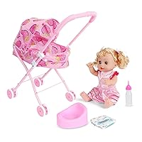 Baby Doll Stroller Foldable Pram Gift Set with Baby Doll Cartoon Printing Design Baby Stroller with Gift for Dolls 4PCS (Heart Car)
