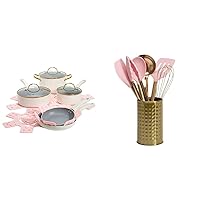 Paris Hilton 12-Piece Cream Cookware Set + 7-Piece Pink Kitchen Tool Set