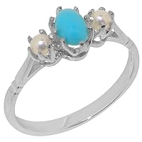 Solid 925 Sterling Silver Natural Turquoise & Cultured Pearl Womens Ring - Sizes 4 to 12 Available
