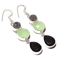 Girls Jewelry! Green Chalcedony and Amethyst Quartz HANDMADE Sterling Silver Plated Earring 2.5