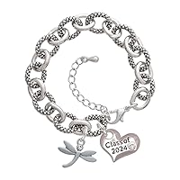 Silvertone Small Dragonfly with Crystal - Class of 2024 Heart Charm Link Bracelet, 7.25+1.25