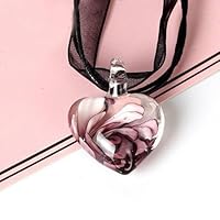 Murano Glass Heart Spiral Flower Inlaid Pendant 28mm Ribbon Necklace Jewelry Color Purple