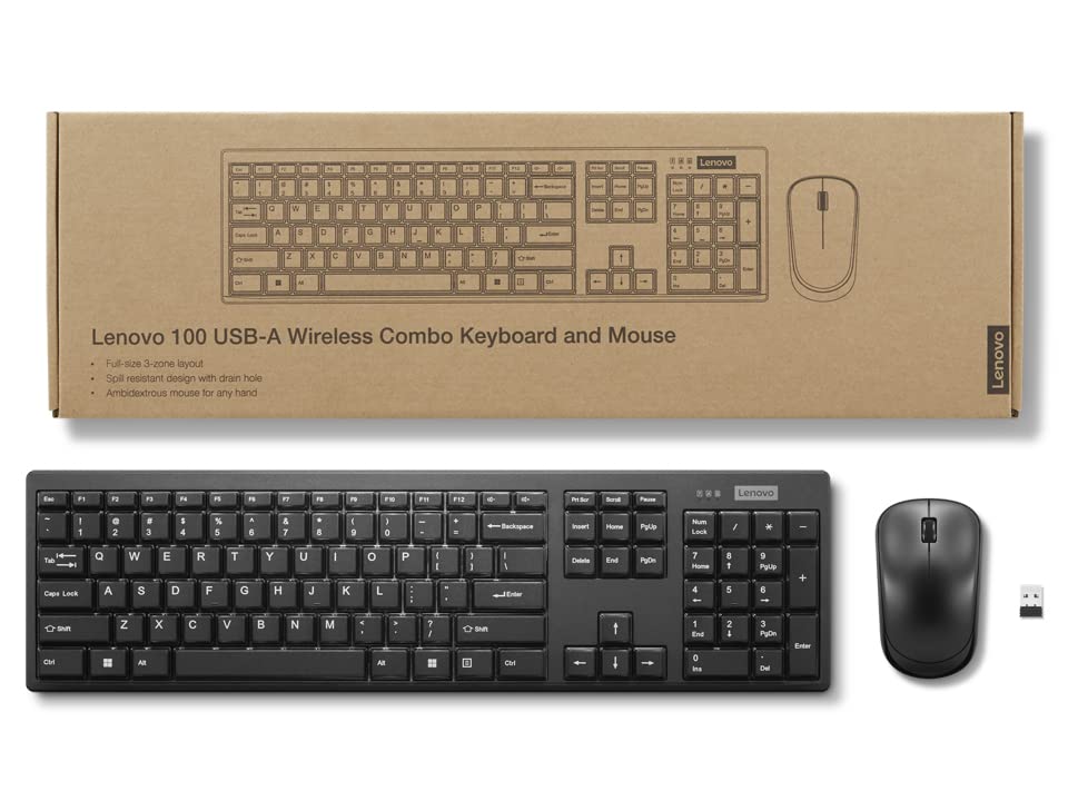 Lenovo 100 Wireless Keyboard & Mouse Combo – Spill Resistant Keys – 3-Zone Keyboard - Ambidextrous Mouse – Compact Design – Black
