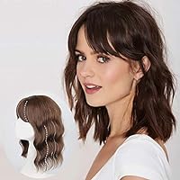 Body Wave/Curly Hair Topper With Air Bangs For Women,Hair Toupee Clip in Hair Extension Add Volume Synthetic Hairpiece Closure for Covering White Hair Hair Loss (14IN,LIGHT BROWN)