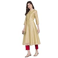 Indian Chanderi Silk Beige Golden Anarkali Kurta for Women | 3/4 Sleeves, Round Neck, Ankle Length | Single Kurta
