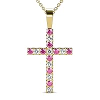 Pink Sapphire & Natural Diamond (SI2-I1,G-H) Cross Pendant 0.53 ctw 14K Gold. Included 16 Inches 14K Gold Chain.