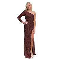 One Shoulder Long Sleeves Side Slit Evening Dress with Sparkling Sequined Mermaid Floor Length Flowing Prom Dress