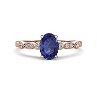Iolite Oval Shape 0.87 ctw (7x5 mm) Solitaire Plus accented Natural Diamond Engagement Ring using Prong setting in 14K Gold