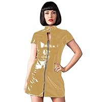 Shiny PVC Short Sleeve Tight Mini Dress Sexy Faux Leather Cutout Zipper Bodycon Dress for Womens Wet Look Dress Club Dress