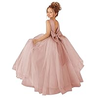 Flower Girls Satin Tulle Princess Pageant Dress for Wedding Kids Pearls Prom Ball Gowns with Bow-Knot