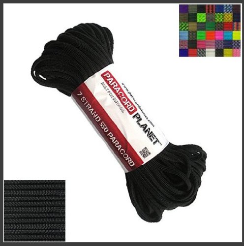 PARACORD PLANET 10 20 25 50 100 Foot Hanks and 250 1000 Foot Spools of Parachute 550 Cord Type III 7 Strand Paracord (Black 100 Feet)