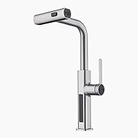 Pull-Out Waterfall Kitchen Faucet with Temperature Display, Two Water Outlet Modes, Single Hole, Brushed Nickel, KF2209-0