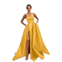A-line Satin Prom Dress with Slit for Women Long Strapless Pleated Bridesmaid Dresses for Wedding with Pockets