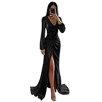 UZN Long Sleeve Sequin Prom Dresses Long Split for Women Sparkly V Neck Formal Evening Party Gowns