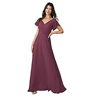 AW BRIDAL V-Neck Chiffon Bridesmaid Dresses Long Formal Evening Gown for Wedding Guest with Flutter Sleeves