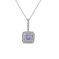 Princess Tanzanite & Natural Diamond Double Halo Pendant 0.37 ctw 14K White Gold. Included 18 Inches Chain