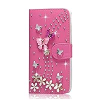 Crystal Wallet Phone Case Compatible with iPhone 11 Pro Max - Dance Butterfly - Hot Pink - 3D Handmade Sparkly Glitter Bling Leather Cover with Screen Protector & Beaded Phone Lanyard