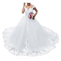 Plus Size Church Princess Bridal Ball Gowns Train Long Lace Appliques Wedding Dresses for Bride 2022