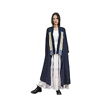 Fashionable High-End Kimono Cardigan Long Vintage Style Blouse Antique Hand Embroidery Maxi Coat One Piece Only #103 Blue