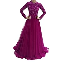 Muslim Arabic Sequins Purple High Neck Long Sleeves Lace Bridal Ball Gowns Train Wedding Dresses for Bride