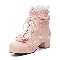 Womens Cute Boots Lace Up Chunky High Heels Round Toe Bow Ankle Boots Cosplay Dress Uniform Lolita Shoes